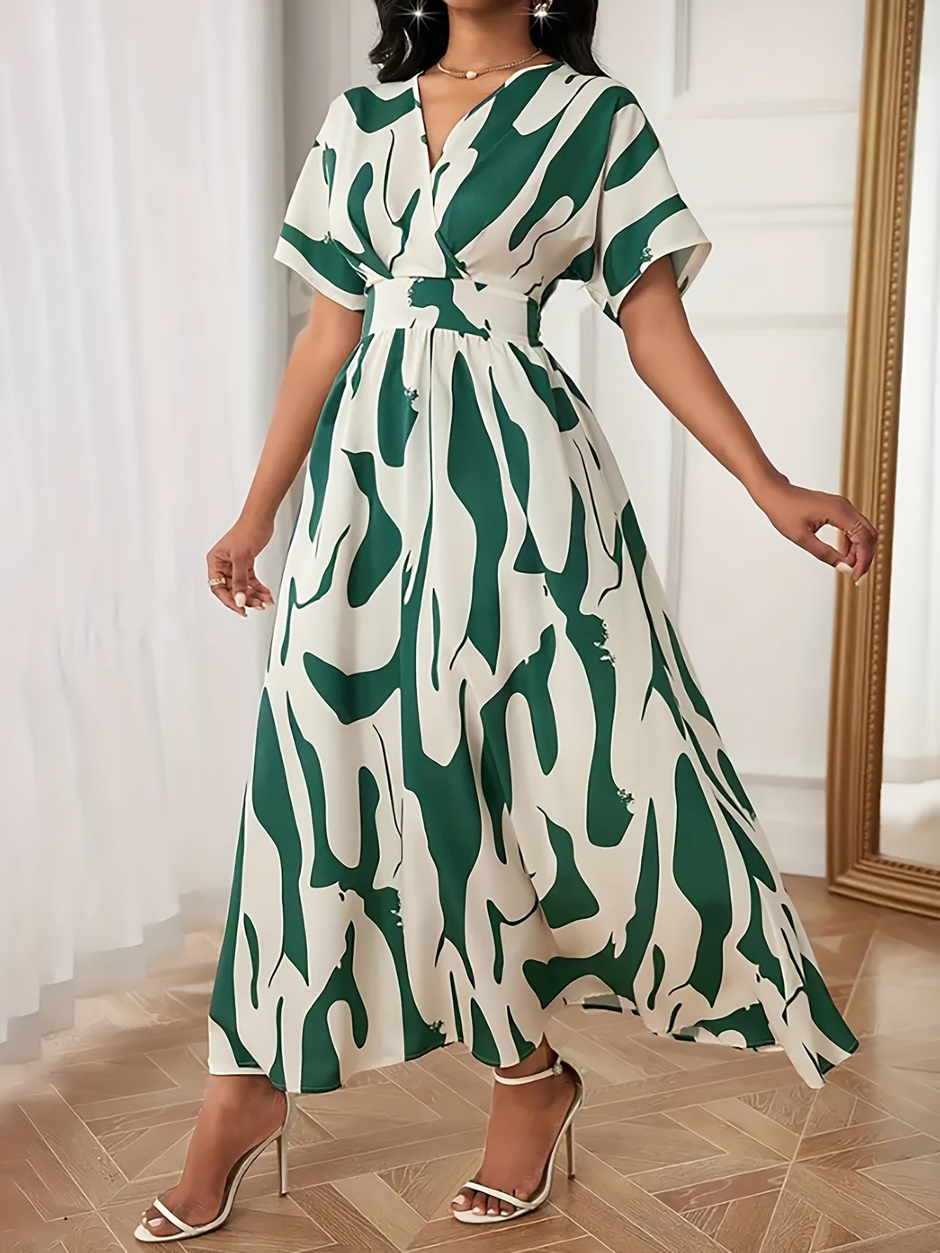 Color-block A-line dress with a waist cinch