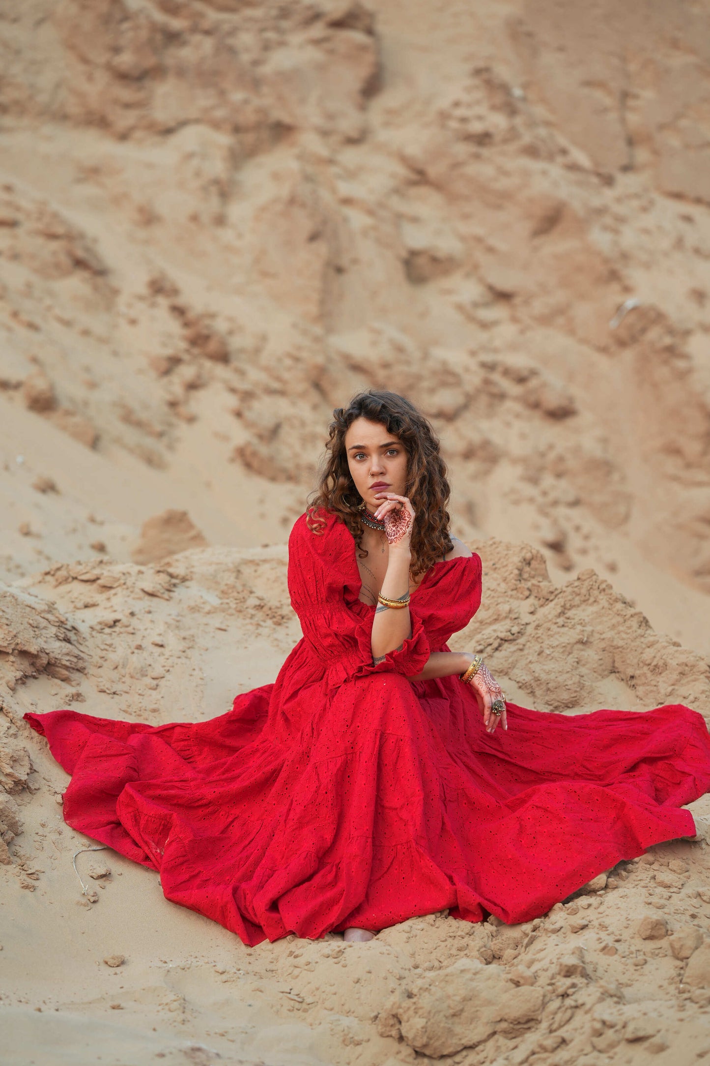 Moana dress with bright red embroidery