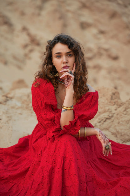Moana dress with bright red embroidery