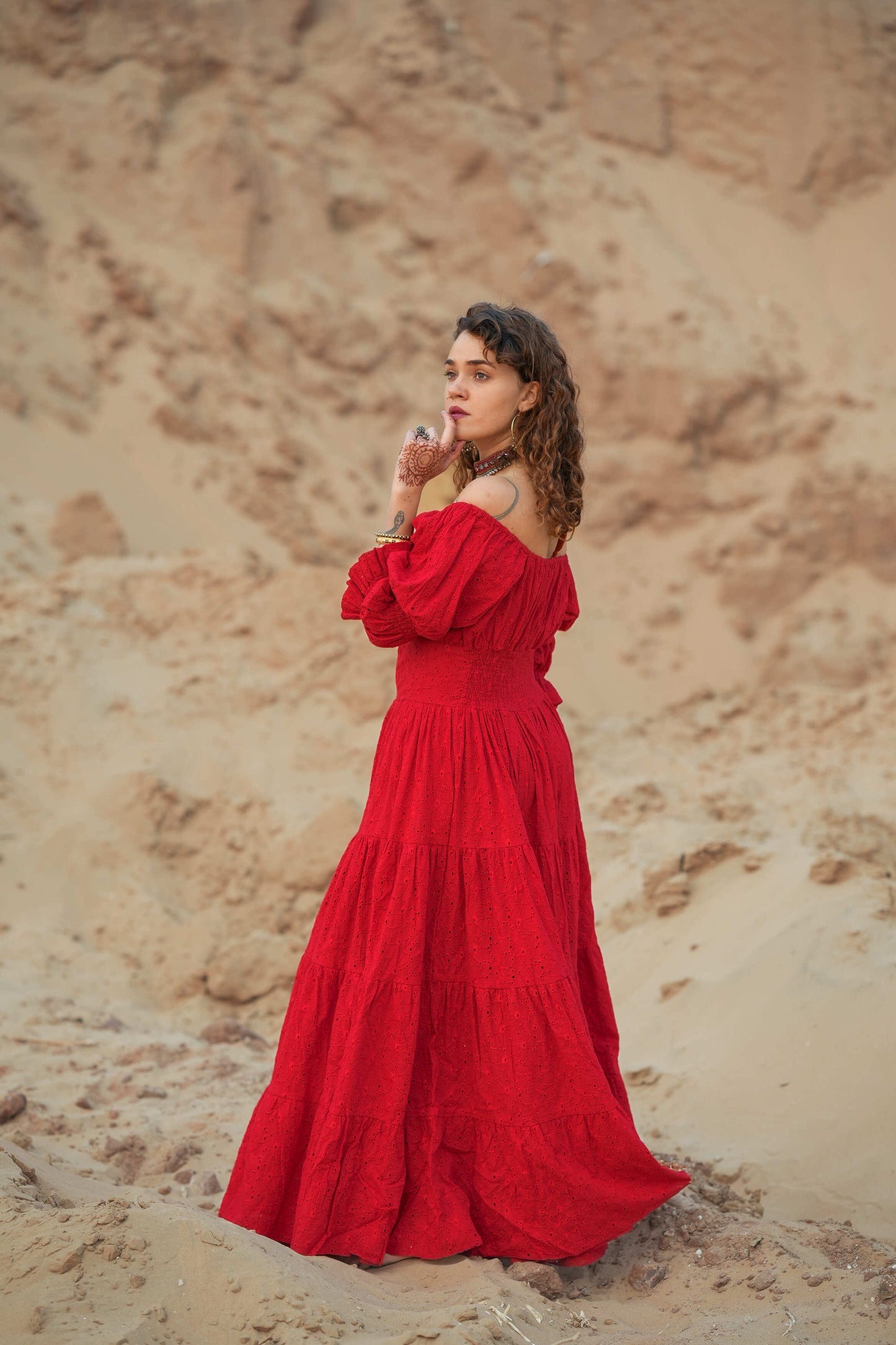 Moana dress with bright red embroidery