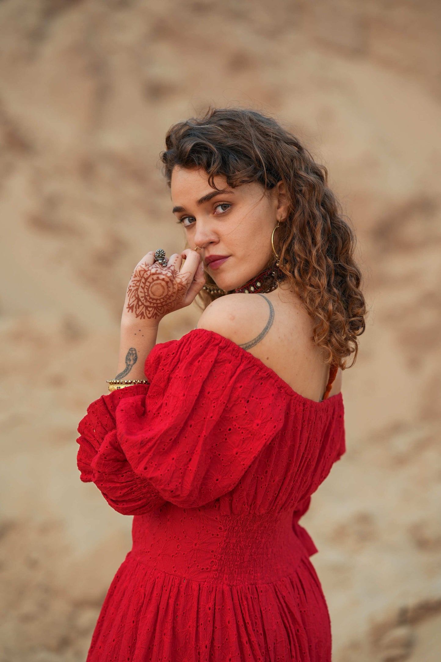 Moana dress with bright red embroidery