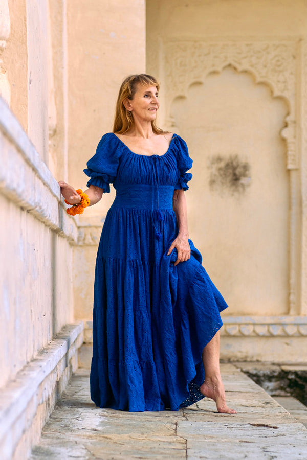 Moana dress with cornflower blue embroidery