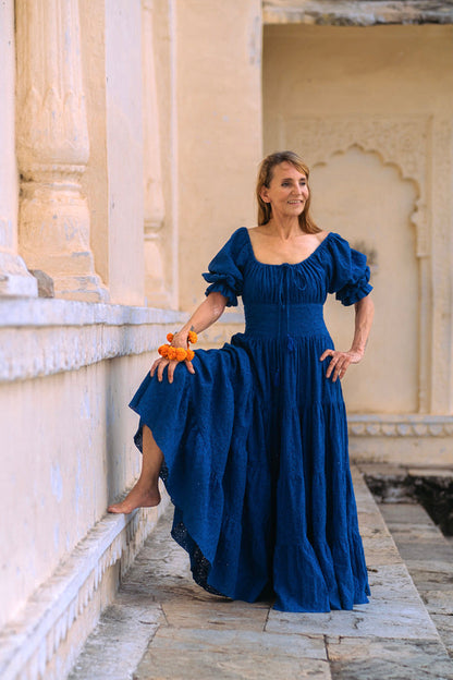 Moana dress with cornflower blue embroidery