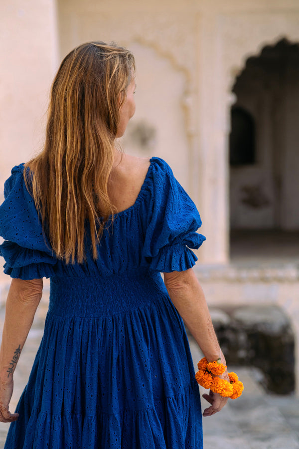 Moana dress with cornflower blue embroidery