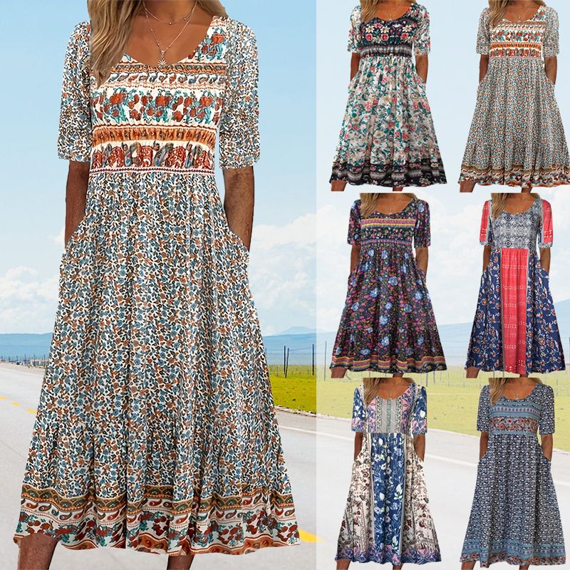 Elegant women's dress with a boho-style print