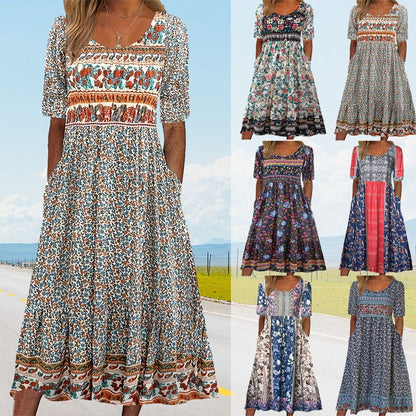 Elegant women's dress with a boho-style print
