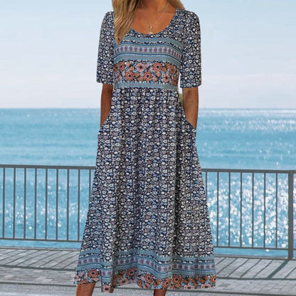 Elegant women's dress with a boho-style print