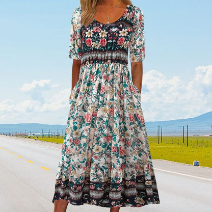 Elegant women's dress with a boho-style print