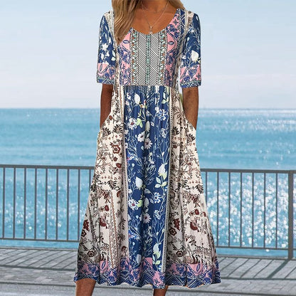Elegant women's dress with a boho-style print