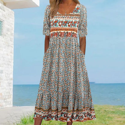 Elegant women's dress with a boho-style print