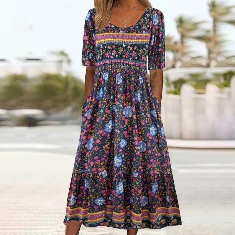 Elegant women's dress with a boho-style print