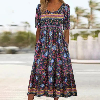 Elegant women's dress with a boho-style print