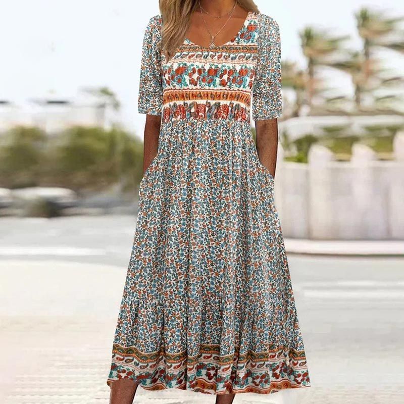 Elegant women's dress with a boho-style print