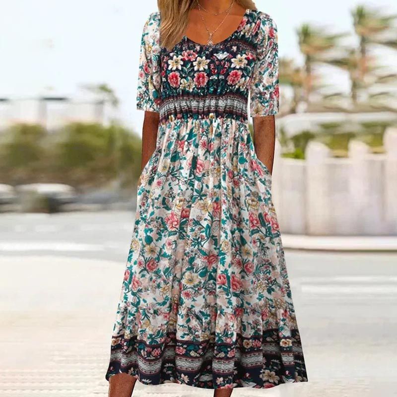 Elegant women's dress with a boho-style print